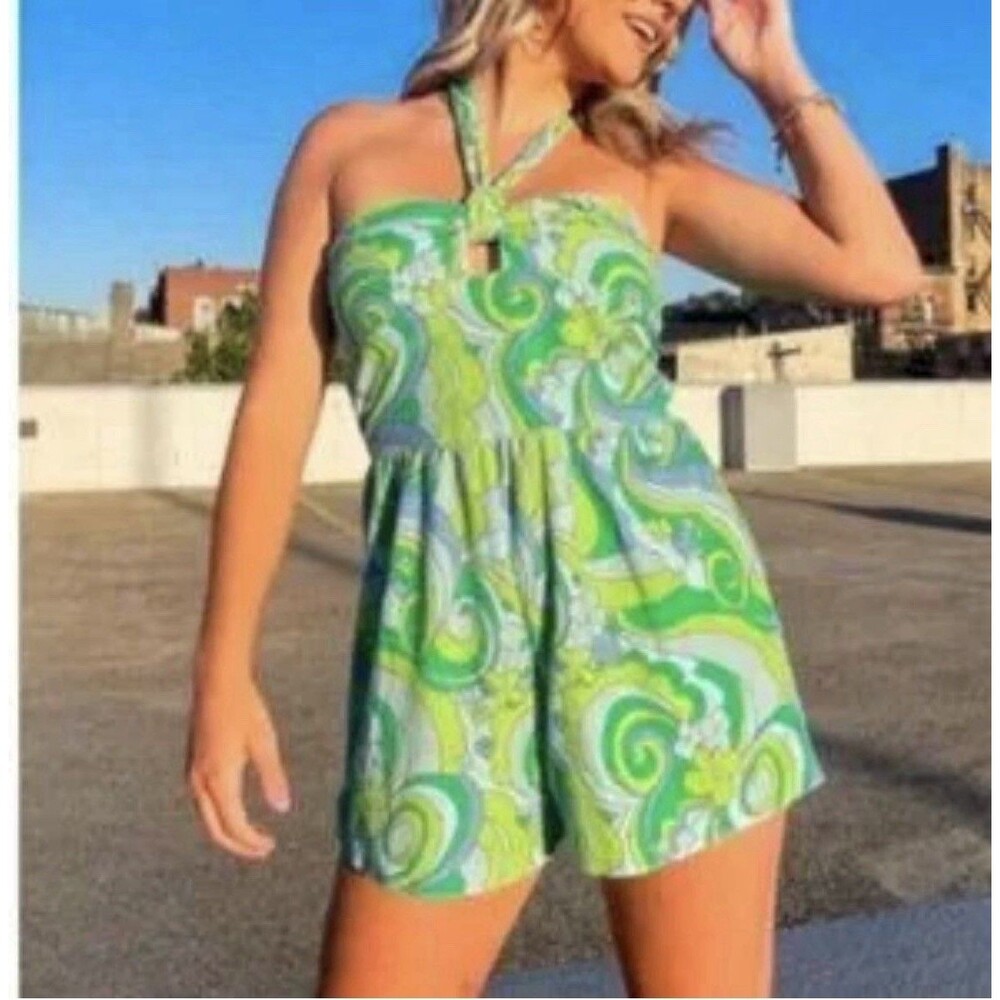 Wild Fable blue & green paisley Halter Terry Romper M Fairy Y2K‎ Concert Hipster